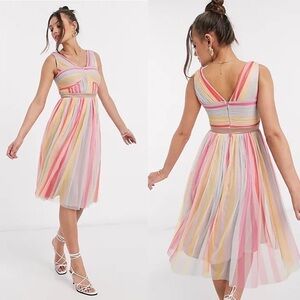Anaya With Love Petite Cross Neck Pleated Midi Dress-Rainbow Stripe-4P NWT